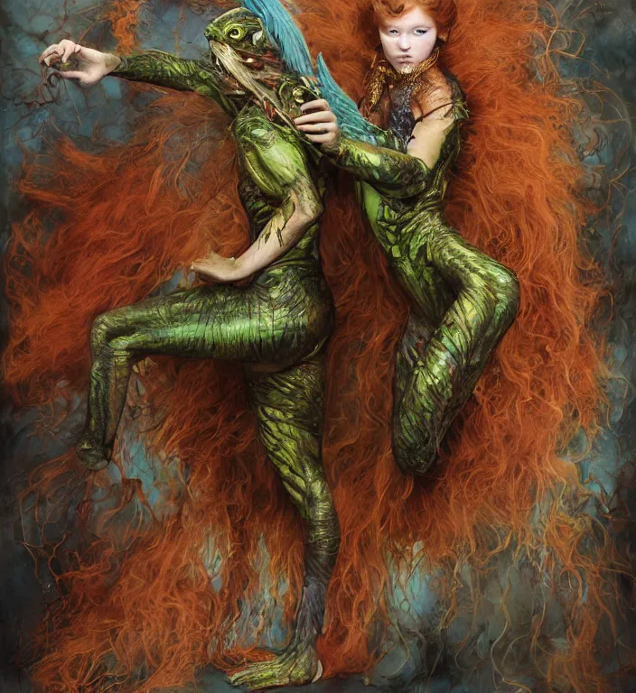 Prompt: a portrait photograph of sadie sink as a colorful harpy super hero with slimy mutated skin. she is trying on a amphibian organic catsuit and transforming into a feathered beast. by tom bagshaw, donato giancola, hans holbein, walton ford, gaston bussiere, peter mohrbacher and brian froud. 8 k, cgsociety