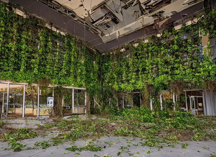 Image similar to a restaurant in an abandoned mall in the 1 9 8 0 s, taken over by nature, covered in vines