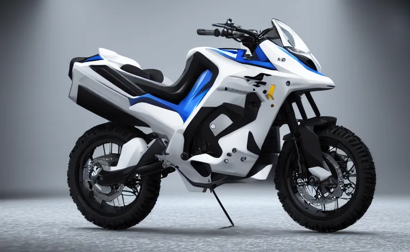 Image similar to futuristic suzuki, dakar motorbike, symmetrical mechanical features, designed by professional artist, fog, industrial design, northen lights background, brushed white and blue paint, black wheel rims, hard surfaces modelling, show room scene, dramatic lighting, hyper realistic rendering, octane, depth of field, bokeh effect, 1 5 0 mm, 4 k