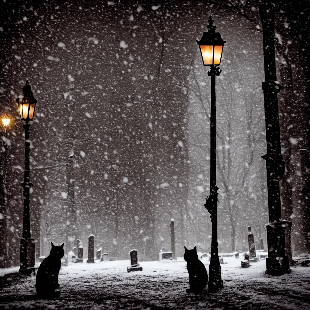 Prompt: cute gothic cat, long shadows at night near 1 medium sized street light, snowing, old brick street, warm feeling gothic, graveyard creepy, jack - o - lantern glowing, award winning art, 8 k,