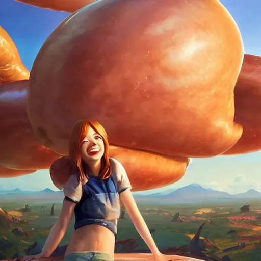 Prompt: emma stone happy to see flying big italian sausages by concept artist gervasio canda, behance hd by jesper ejsing, by rhads, makoto shinkai and lois van baarle, ilya kuvshinov, rossdraws global illumination radiating a glowing aura global illumination ray tracing hdr render in unreal engine 5