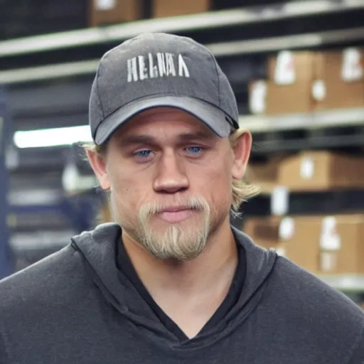 Prompt: charlie hunnam working in a fedex warehouse