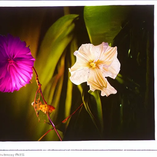 Prompt: shining dangerous exotic flower in the night jungle, by trent parke, surreal, magnum photos