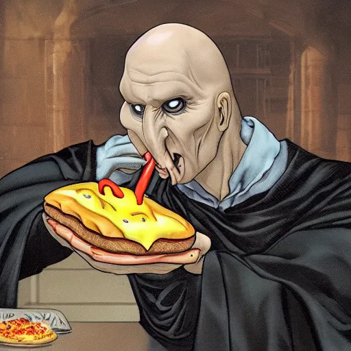 Image similar to Lord Voldemort eating a cheeseburger, photo realistic, award-winning, highly-detailed, epic, cinematic, dramatic