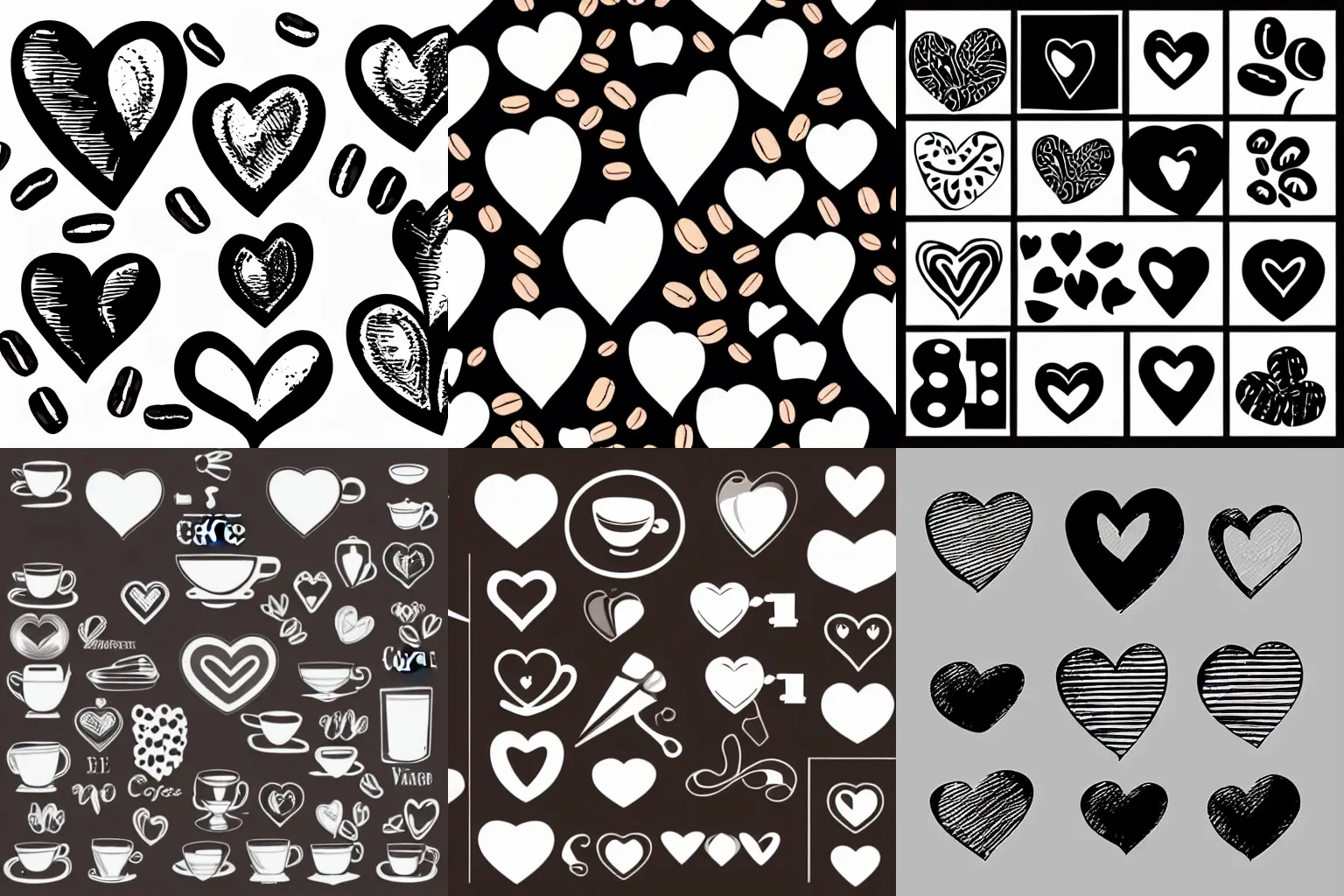 Prompt: coffee and hearts black and white vintage icons digital vector asset pack
