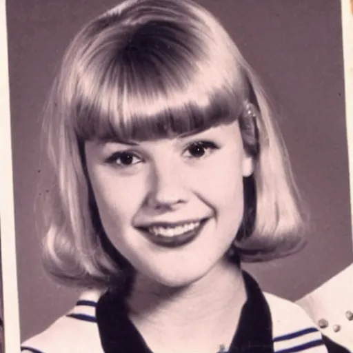 Prompt: a yearbook photo of Betty Cooper in the 1960s, she has bangs and a ponytail