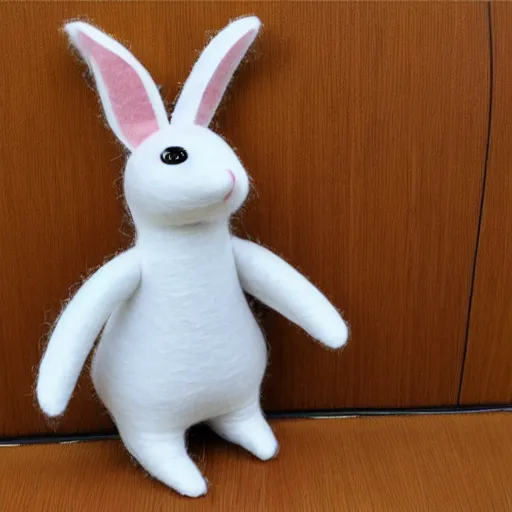 Image similar to a cute elegant felt plush doll of a rabbit wearing overalls detailed highly realistic