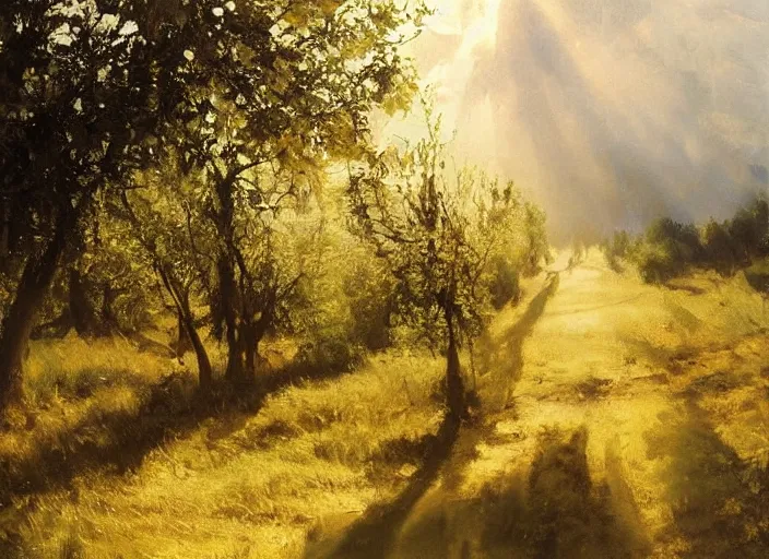 Prompt: oil painting of translucent pears on tree, medieval forest path in dawn by anders zorn, wonderful art by greg rutkowski, incredible lighting, shadows, beautiful cinematic light, american romanticism by greg manchess, tall rocky mountains and storm clouds, sun rays, sunshine, bright sunny summer day, stone walls and wooden fences, meadow