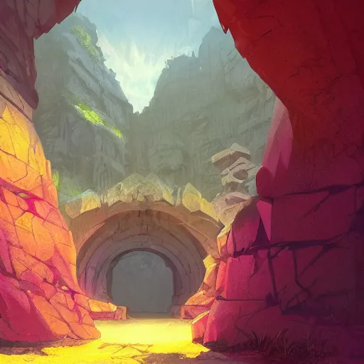 Prompt: view of the entrance to a dungeon of the gods at the base of an ancient mountain, realistic lighting, dark, foreboding, highly detailed, pink green yellow red color scheme, behance hd, makoto shinkai and lois van baarle, ilya kuvshinov, rossdraws, global illumination