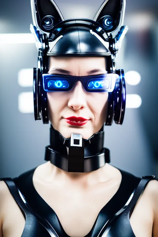 Image similar to cybernetic ultra high tech female secretary with cat ears, sci - fi, cyberpunk, high tech, futurism, exoskeleton, symmetry, cinematic, elegant, luxury, perfect light, perfect composition, dlsr photography, sharp focus, 8 k, ultra hd, sense of awe, highly detailed, realistic, intricate, science journal cover