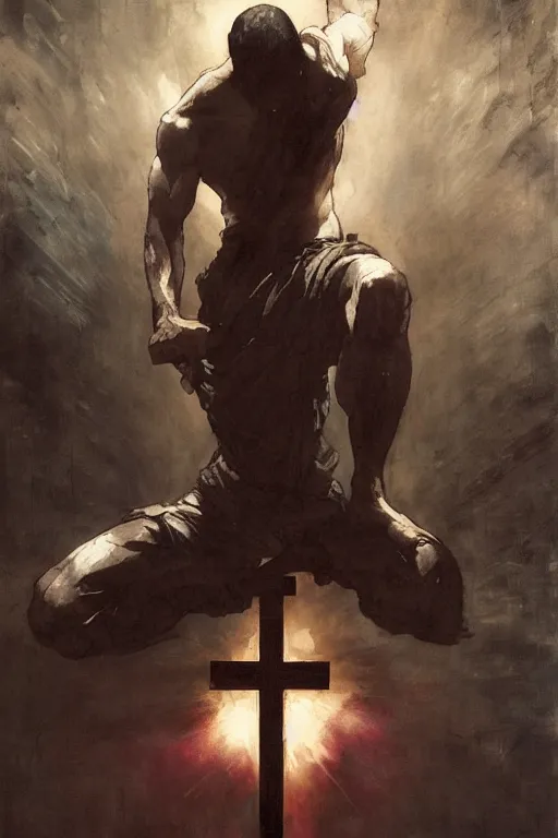 Image similar to man kneeling at the foot of a wooden cross, dramatic lighting art by Yoji Shinkawa by Richard Schmid by greg rutkowski by Sandra Chevrier by Jeremy Lipking cinematic dramatic, by frank miller, illustration by Ruan Jia and Mandy Jurgens and William-Adolphe Bouguereau, Artgerm, 4k, digital art, surreal, space dandy style, highly detailed, godsend, artstation, digital painting, concept art, smooth, sharp focus, illustration by Ruan Jia and Mandy Jurgens and William-Adolphe Bouguereau, Artgerm