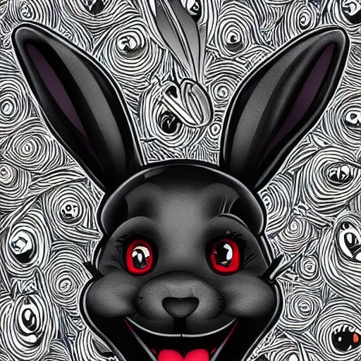 Prompt: A extremely highly detailed majestic hi-res beautiful, highly detailed head and shoulders portrait of a scary terrifying, horrifying, creepy black cartoon rabbit with scary big eyes, earing a shirt laughing, hey buddy, let's be friends, in the retro art style of Walt Disney