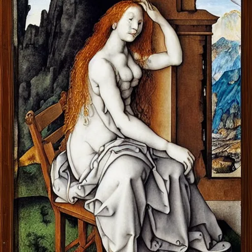 Image similar to A beautiful sculpture of a woman with long curly hair, wearing a white dress and sitting in a chair in front of a window with a view of a mountainside. neo-expressionism by Albrecht Dürer artificial