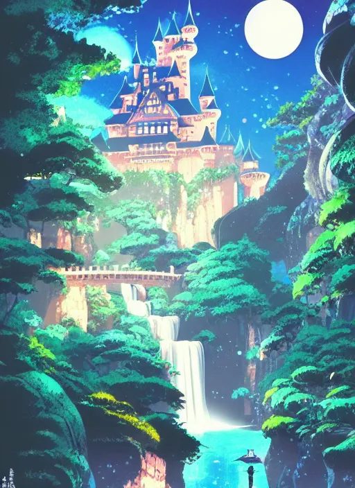 Prompt: magical castle, waterfall, river, nighttime, scenery wallpaper aesthetic, pastel colors, anime style, perspective view, beautiful, cinematic, dramatic, super detailed and intricate, hyper realistic, by satoshi kon, by koson ohara, by darwyn cooke