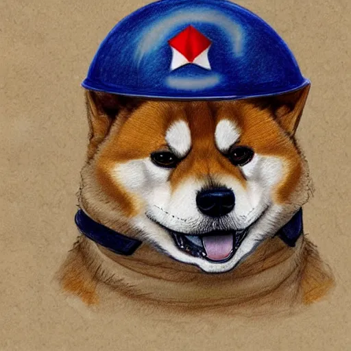 Image similar to A drawing of a Shiba Inu dog wearing a soldier's helmet, realistic, color