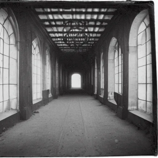 Prompt: daguerreotype, 1800 photography, Nineteenth-century railway station completely empty, realistic, high definition,