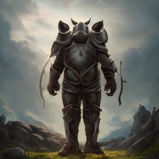 Prompt: A cute anthropomorphic rhino stands tall wearing magic infused plate armor, cute and adorable, pretty, beautiful, DnD character art portrait, matte fantasy painting, DeviantArt Artstation, Character design, intricate artwork by Tooth Wu and greg rutkowski and artgerm, cinematic, hyper realism, high detail, octane render, unreal engine, 8k, Vibrant colors, Smooth gradients, High contrast, depth of field, aperture f2.8