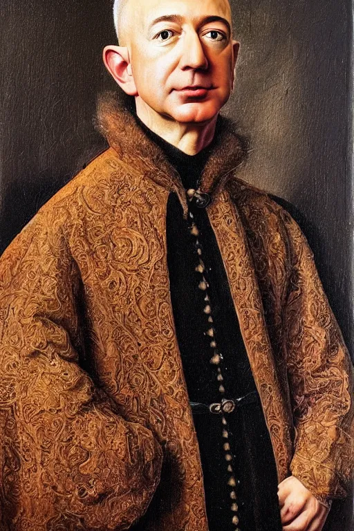 Image similar to portrait of jeff bezos!!! oil painting by jan van eyck, northern renaissance art, oil on canvas, wet - on - wet technique, realistic, expressive emotions, intricate textures, illusionistic detail