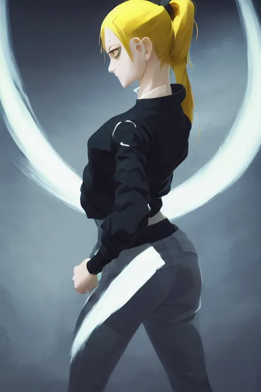 Image similar to black ponytail hair, pale woman in a black zipper jacket, yellow eyes, by artgerm, hair tied in a ponytail, white backdrop, soft lighting, fighting pose, dynamic angle, by greg rutkowski makoto shinkai takashi takeuchi