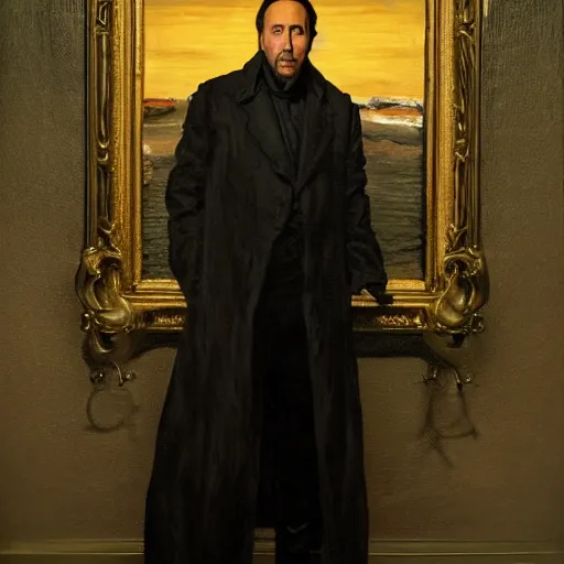 Image similar to Nicolas Cage in a black coat, religious masterpiece portrait, oil on canvas, golden hour, in the world of Andrew Wyeth and Bloodborne, artstation, by J. C. Leyendecker and Peter Paul Rubens,