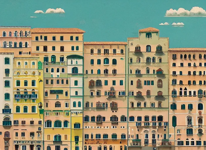 Image similar to symmetry!! italian city, a beautiful painting representative of the art style of wes anderson and spike jonze