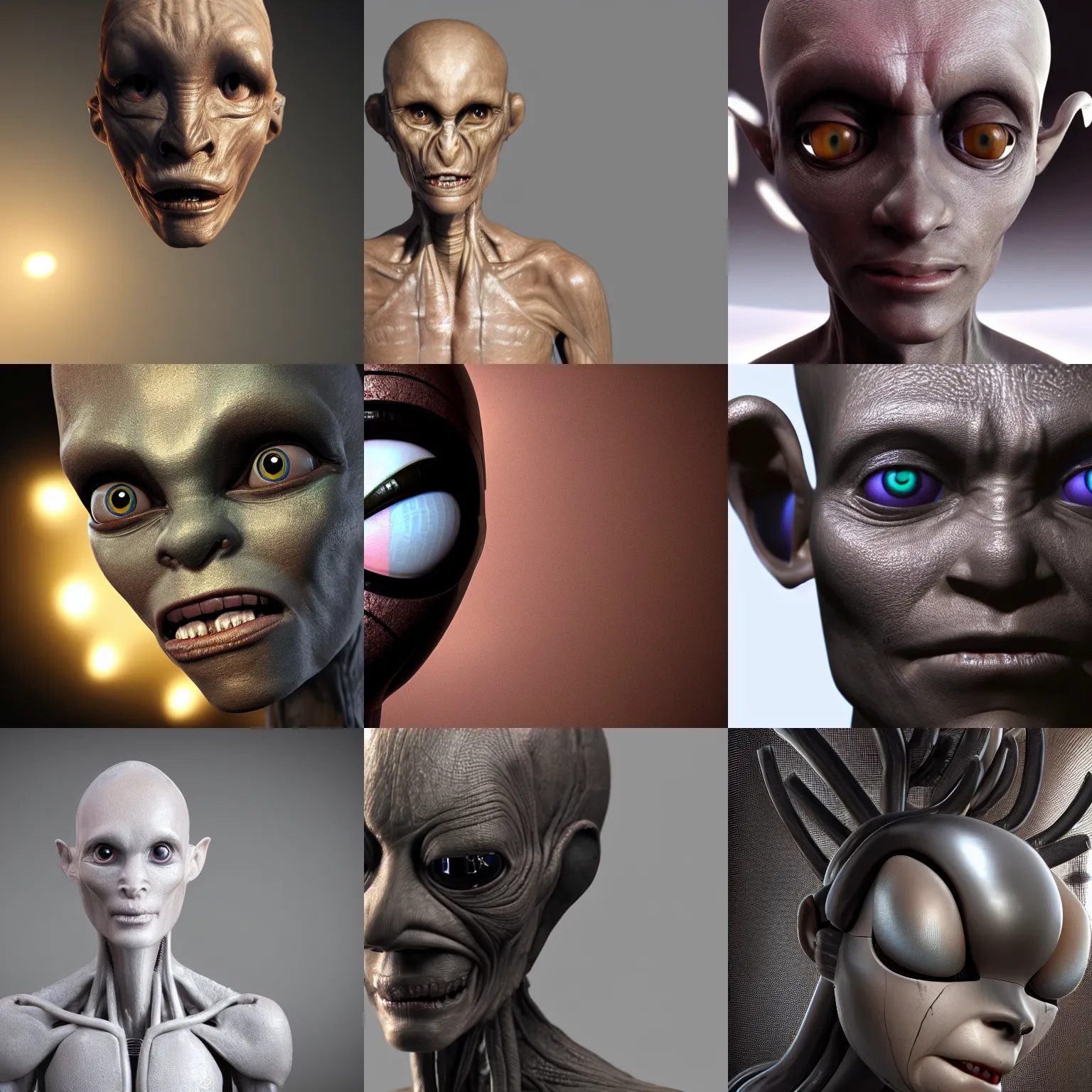 Prompt: humanoid alien with large black eyes and a very long forehead. high quality photorealistic octane render 4 k raytraced, hyperrealism
