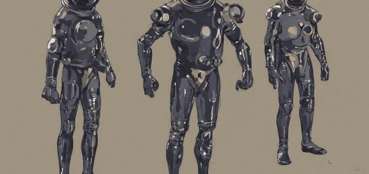 Image similar to male, full body, space suit with a modern helmet, large shoulders, short torso, long thin legs, tiny feet, character sheet, science fiction, very stylized character design, digital painting, by mike mignola, by alex maleev, jean giraud, painted by leyendecker