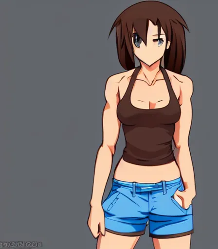 Image similar to Brown hair, blue tank top and shorts, muscular anime woman in the style of stanley artgerm