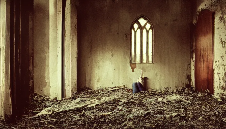 Image similar to 7 0 s film still from a horror movie about a person living in an abandoned church, kodachrome, cinecolor, cinestill, film grain, film texture, retro, cinematic, high resolution, photorealism,