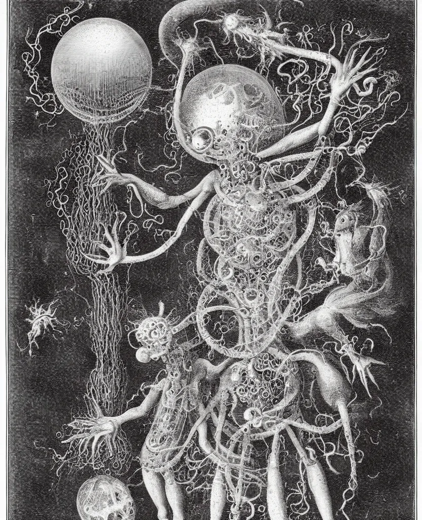 Prompt: whimsical freaky creature sings a unique canto about'as above so below'being ignited by the spirit of haeckel and robert fludd, breakthrough is iminent, glory be to the magic within