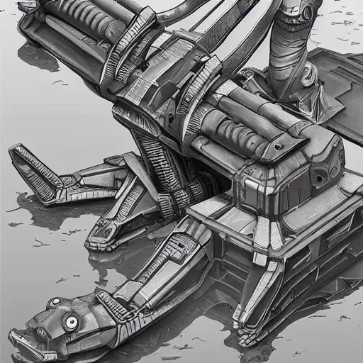 Prompt: realistic amphibious combat mecha in the style of m. c. escher, h. r. giger