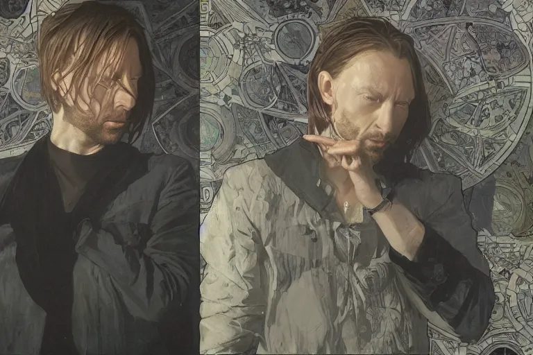 Image similar to hyper realistic portrait of thom yorke singer songwriter, side, liminal space, by lee bermejo, alphonse mucha and greg rutkowski