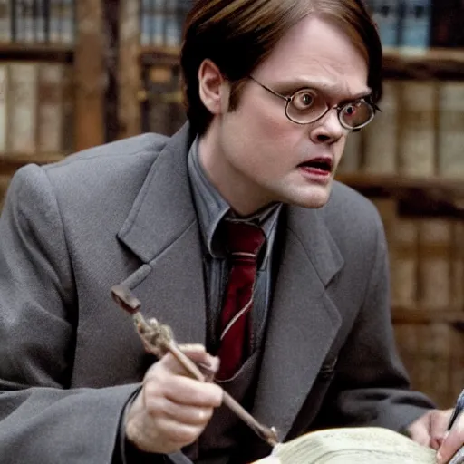 Image similar to dwight schrute playing dumbledore in a harry potter movie