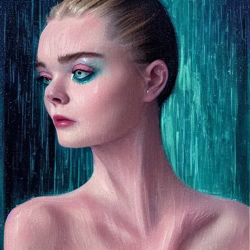 Prompt: Elle Fanning wearing a teal baclava in the style of Paola Vetri, head and shoulders portrait, stormy weather, extremely detailed masterpiece, oil on canvas, low-key neon lighting, artstation, Blade Runner 2049, Roger Deakin’s cinematography, by J. C. Leyendecker and Peter Paul Rubens and Edward Hopper and Michael Sowa,