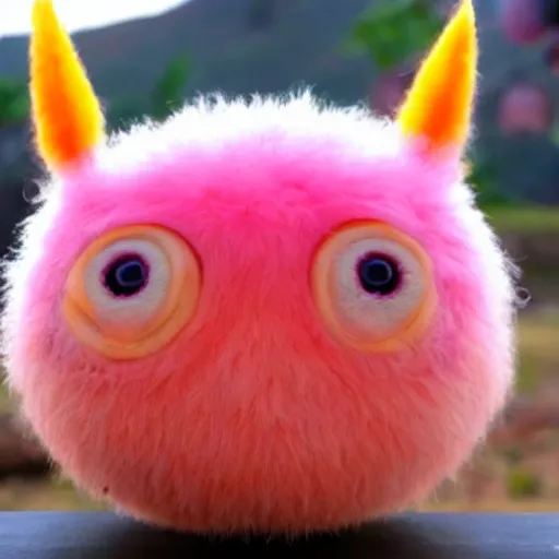 Image similar to an alien with a face that looks like a fuzzy peach the peach is fuzzy pink warm and ripe the alien has horns and a mean smile, 4k, highly detailed, high quality, amazing, high particle effects, glowing, majestic, soft lighting