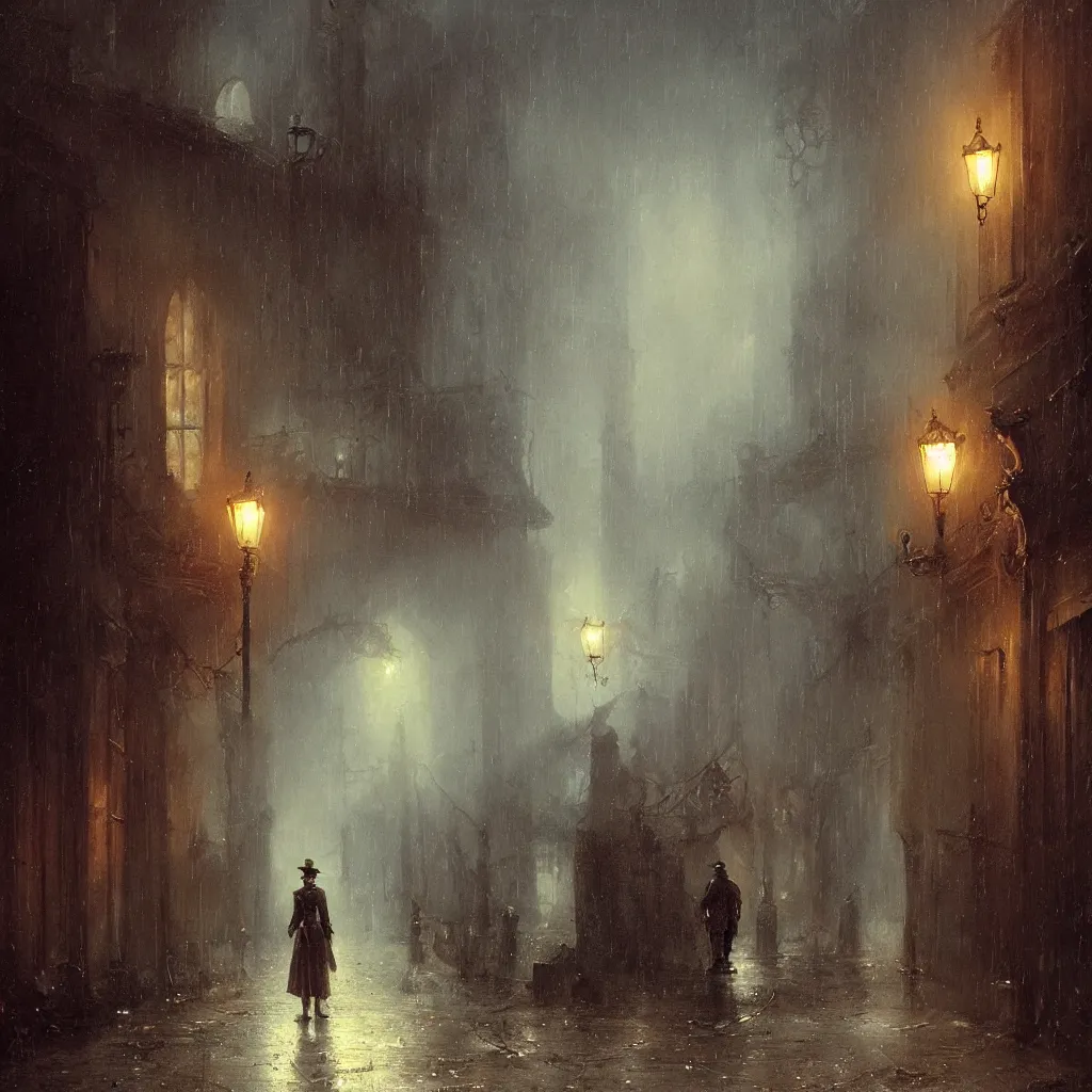 Prompt: Jack the ripper haunts the abandoned raining night alley by Raphael Lacoste and Pierre Auguste Cot and Delphin Enjolras and Daniel F. Gerhartz