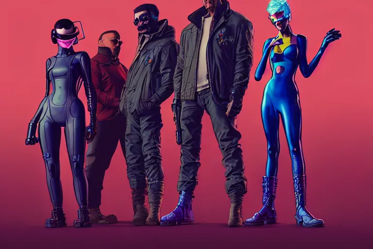 Image similar to cyberpunk heist crew. portrait by stonehouse and mœbius and will eisner and gil elvgren and pixar. character design. realistic proportions. dystopian. cyberpunk 2 0 7 7, apex, blade runner 2 0 4 9 concept art. cel shading. attractive face. thick lines. hi def 4 k. the team. detailed characters.