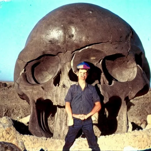 Image similar to Giant skull found at excavation site, an archaeologist stands next to the skull and is dwarfed by it, damaged 80s polaroid color photo