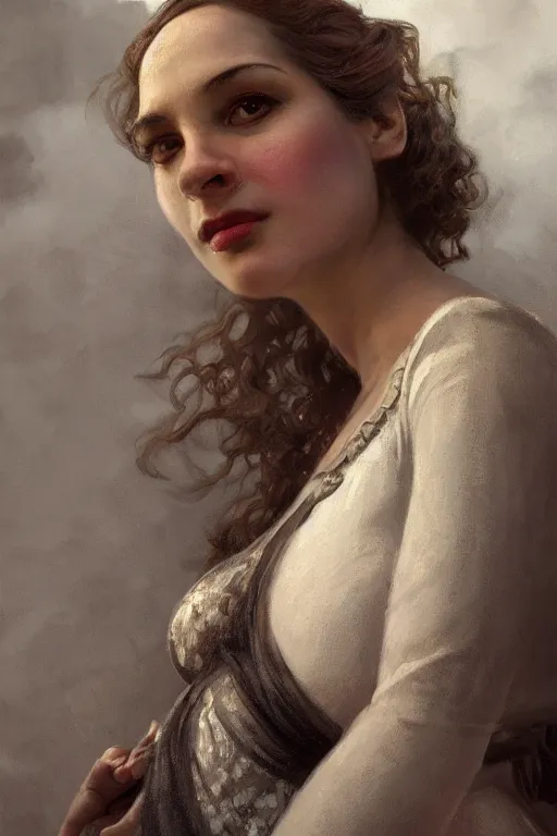 Image similar to Full-length portrait of a pregnant woman in besieged Leningrad, illustration, dramatic lighting, soft details, painting oil on canvas, art deco, octane render, HDR, 4k, 8k, HD, by Edmund Blair Leighton, Brom, Charlie Bowater, trending on artstation, faces by Tom Bagshaw, Sargent