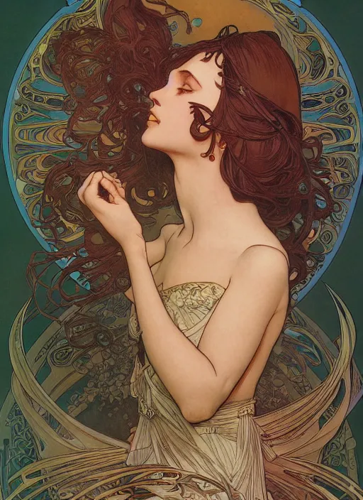 Prompt: side view of a beautiful woman, behance hd artstation, by moebius, alphonse mucha, ayami kojima, amano, greg hildebrandt, and mark brooks, art nouveau, neo - gothic, gothic, concept design, dynamic light, stylised illustration, disco elysium