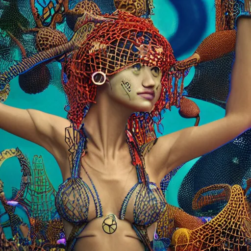 Prompt: swimming deeper into the multiverse, maze of modular synth cables mixed with mangrove roots, kawaii puerto rican goddess chilling out wearing a headpiece made of circuit boards designed by isabel marant, by cameron gray, wlop, stanley kubrick, masamune, hideki anno, jamie hewlett, unique perspective, trending on artstation, 3 d render, vivid