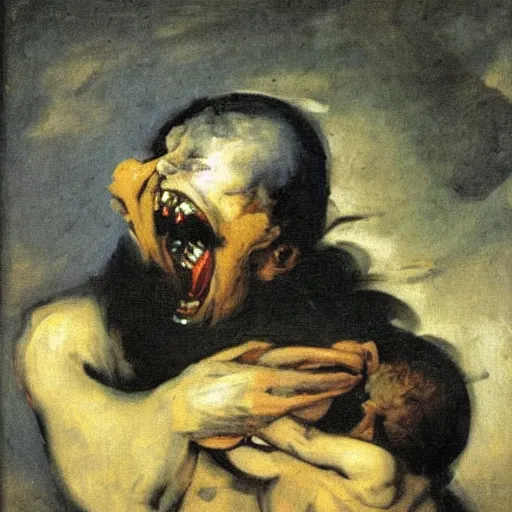 Image similar to saturn devouring his son, painting by francisco goya, oil painting