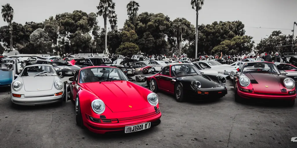 Prompt: A photograph of the Luftgekuhlt Porsche car meet by Larry Chen, Luftgekuhlt, Porsche 911, Los Angeles Car Culture, Speedhunters