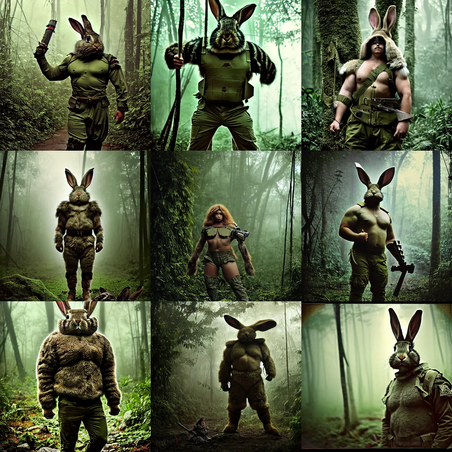 Prompt: by military archive!! full shot!!!!! rabbit armored sci - fi hulked oversized rabbit barbarian, fog, in deep jungle forest jungle, overcast!!! cinematic focus, polaroid photo, vintage, neutral colors, soft lights, overcast, foggy, full shot by steve hanks, by serov valentin, by lisa yuskavage, by andrei tarkovsky