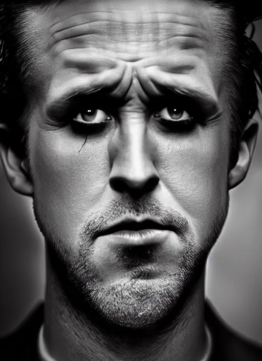 Image similar to photo of Ryan Gosling as the Joker by Lee Jeffries, head shot, detailed, award winning, Sony a7R