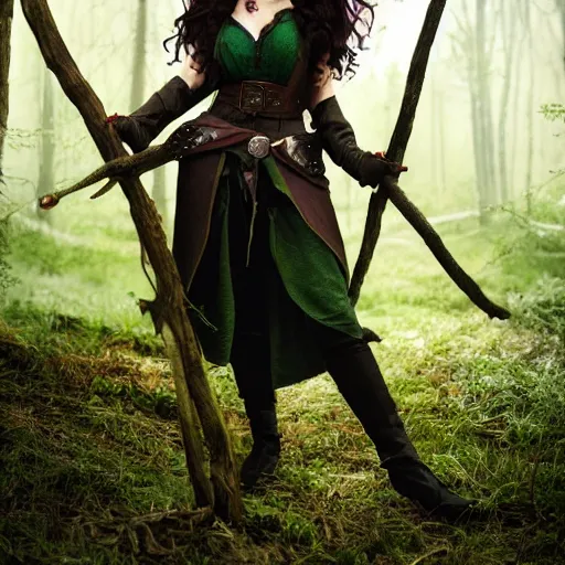 Image similar to yennefer as a medieval fantasy wood elf, dark purplish hair tucked behind ears, wearing a green tunic with a fur lined collar and brown leather armor, wide, muscular build, scar across nose, one black, scaled arm, cinematic, character art, digital art, forest background, realistic. 4 k