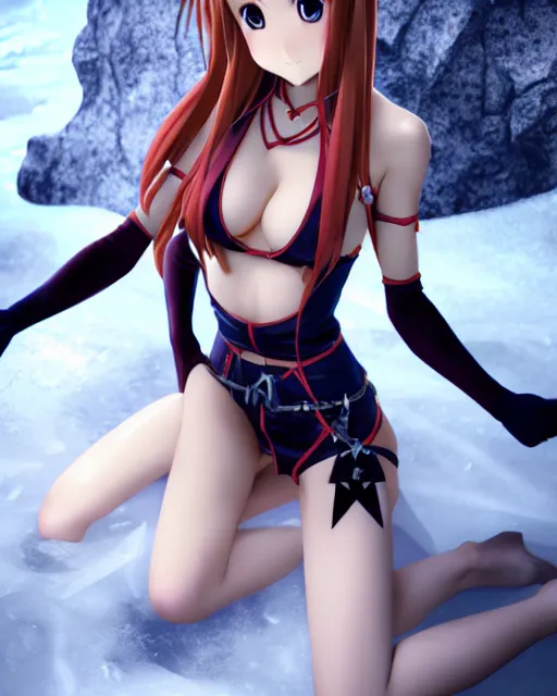 Prompt: pinup photo of asuna from sao in ice dungeon, asuna by a - 1 pictures, by greg rutkowski, gil elvgren, enoch bolles, glossy skin, pearlescent, anime, very coherent, maxim magazine, 3 d, vray, unreal 5, octave rendey, maya, cgsociety