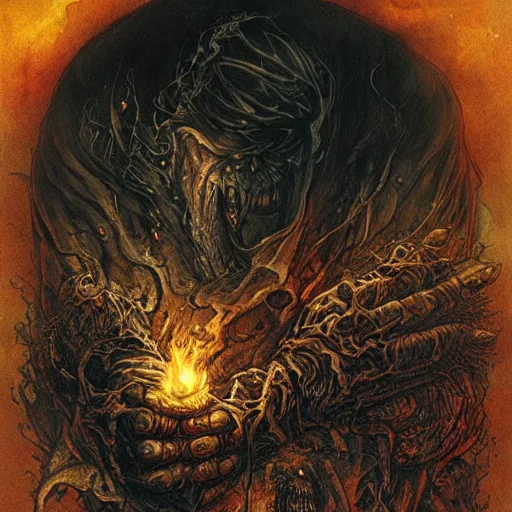 Prompt: the darkest fire, the brightest darkness, good and evil, epic, masterpiece, 8 k, 8 5 mm f / 1. 8 horror, flames, dark sci - fi, by bernie wrightson, by santiago caruso, by sabbas apterus