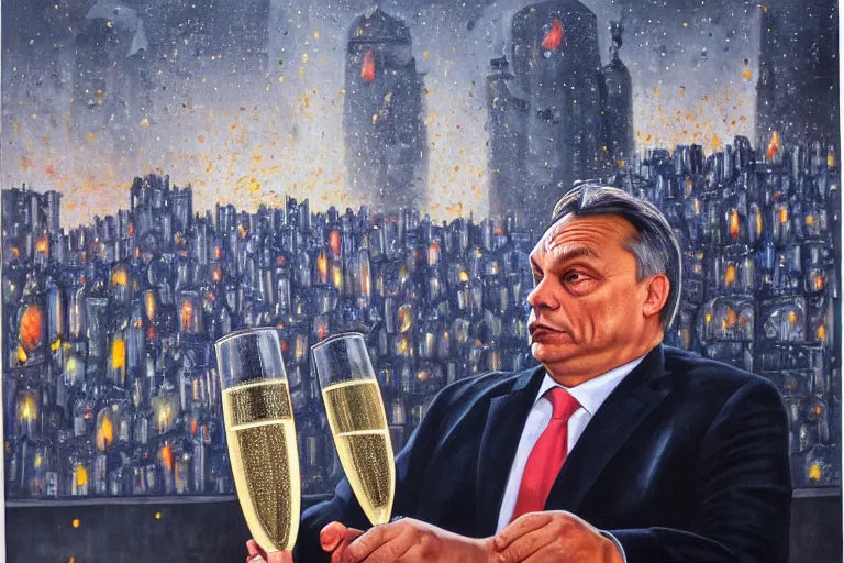 Image similar to viktor orban drinking champagne in front a burning city, highly detailed eyes, oil on canvas