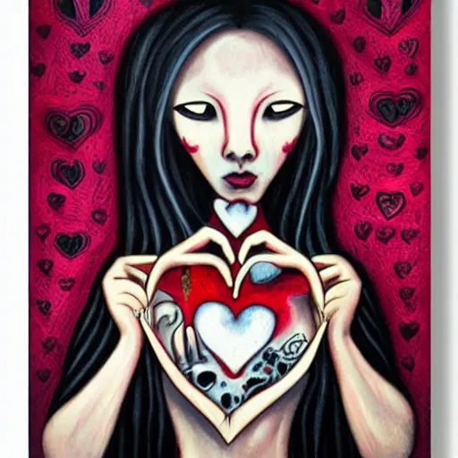 Image similar to macabre painting of a person sewing a heart together by jeremiah ketner | horror themed | creepy